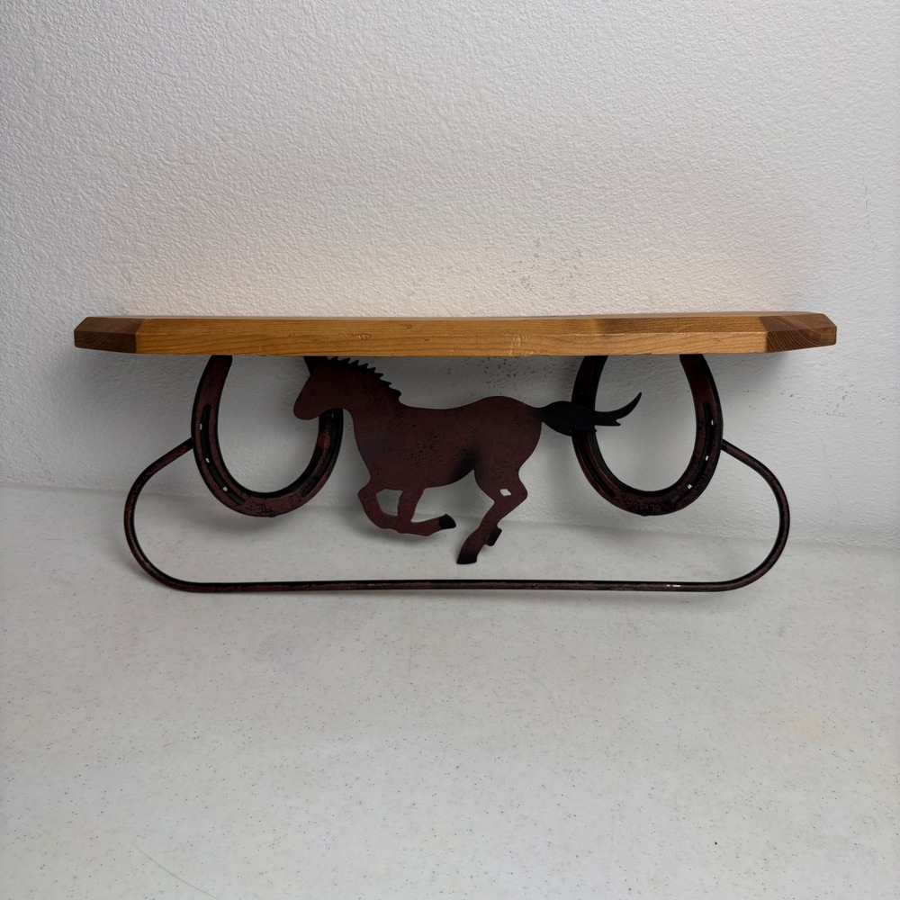 Rustic Horseshoe Horse Metal Wood Wall Shelf Western Equestrian Home Decor 17in